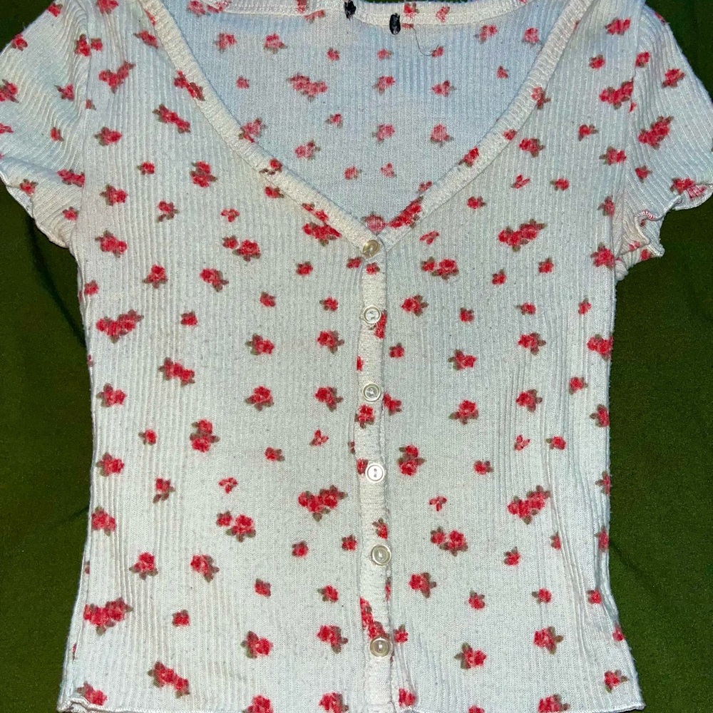 Cream Fitted Short Sleeve Button Down Shirt